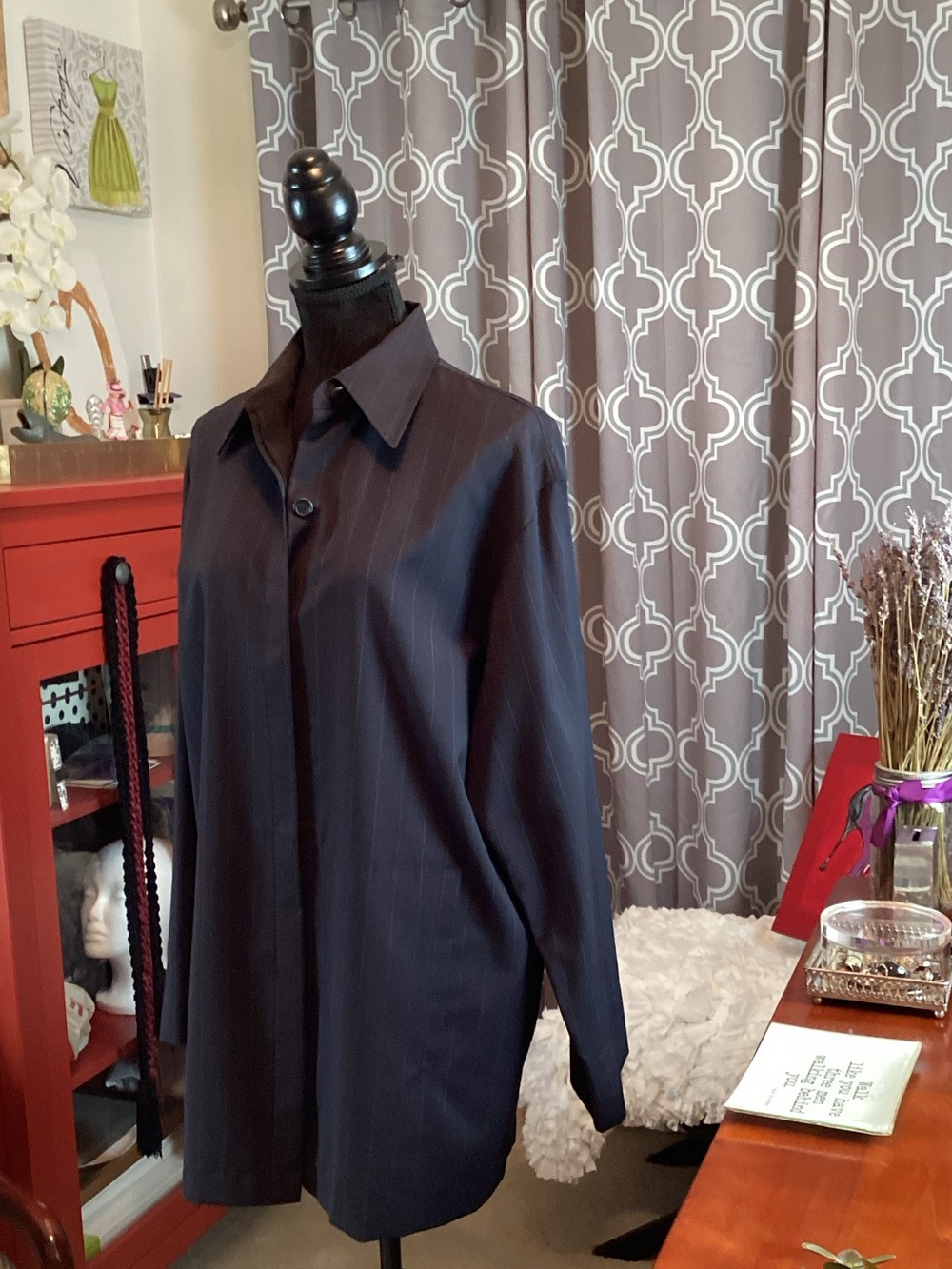 Anne Klein Navy Light Pinstripes Long Sleeve Tunic Shirt